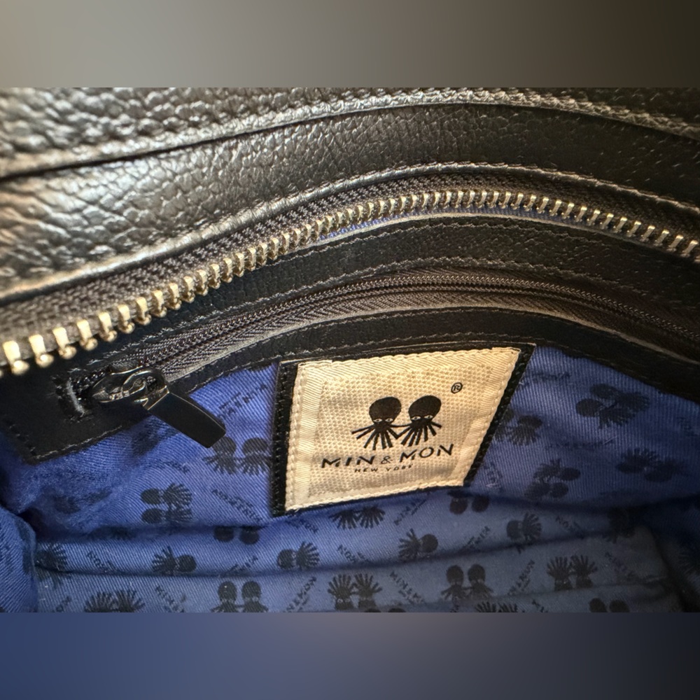 Min & Mon Vali Crossbody Small Black Leather Bag w/ black fur. “All Over Eyes” - Picture 6 of 16
